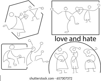 love and hate. Figures of people. Men and women with hearts. Gestures of recognition in love and hate
