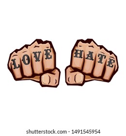 love   hate fists and tattoo isolated white background  Fight for love concept illustration and fist punch