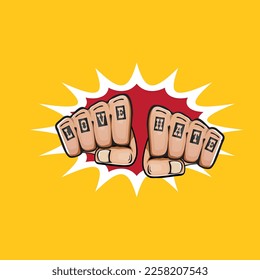love   hate fists and tattoo isolated orange background  Fight for love concept illustration and fist punch  love   hate print design template for tee shirt  Valentines day card   banner