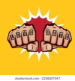 love   hate fists and tattoo isolated orange background  Fight for love concept illustration and fist punch  love   hate print design template for tee shirt  Valentines day card   banner