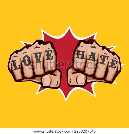 love and hate fists with tattoo isolated on orange background. Fight for love concept illustration with fist punch. love and hate print design template for tee shirt. Valentines day card and banner