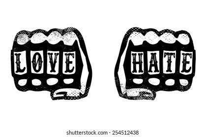 love and hate hands with brass knuckles, knuckle duster fists with words love and hate stamped