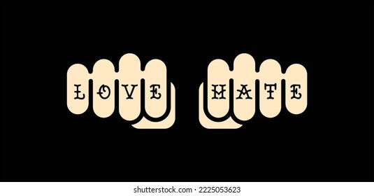 Love   hate knuckle tattoo  Valentine love card  Text fist  Love vector illustration