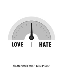 Love Hate measuring gauge. Vector indicator illustration. Meter with black arrow in white background.