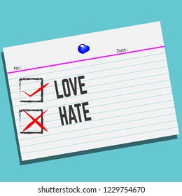 LOVE or HATE on paper with creative design for your greetings card, flyers, invitation, posters, brochure, banners. Business and Inspiration concept on blue background