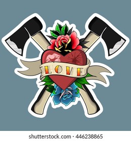 Love and Hate Print Axe Roses Ribbon Heart