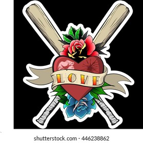 Love and Hate Print Baseball-Bat Roses Ribbon Heart