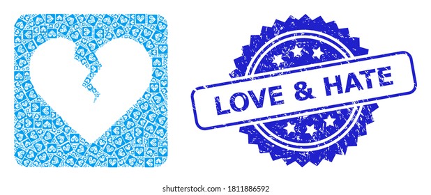 Love & Hate rubber stamp seal and vector recursion mosaic divorce heart. Blue stamp seal includes Love & Hate tag inside rosette.