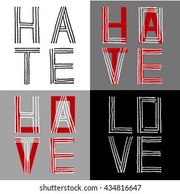 LOVE & HATE. Set of hand drawn icons.Line art, lettering elements.Grunge. Words.
Clip art for web design, printing, posters, etc