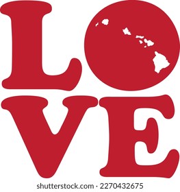 LOVE Hawaii State Red Outline Vector Graphic Illustration Isolated