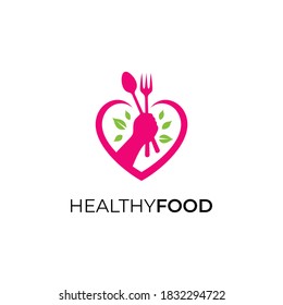 Love healthy food logo design. Heart and leaf shape with hand holding spoon fork. Simple flat logo template in red and green color