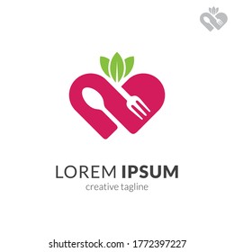 Love healthy food logo. Heart with spoon, fork and leaf. Simple restaurant flat logo template