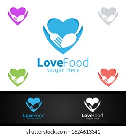 Love Healthy Food Logo Template. Organic Vector Design.for Menu Restaurant or Cafe, Fork, Spoon and leaves Concept