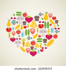 I love Healthy Food. Vector concept. Heart with different food flat icons depicting apple, beet, bread, carrot, cheese, cherry, cucumber, fish, ham, loaf, milk, mushroom, pear, tomato