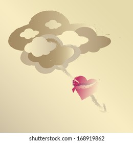 Love heart with arrow through it under clouds, vector illustration