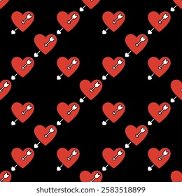 Love Heart with arrow vector seamless pattern - romantic passion and emotions concept background