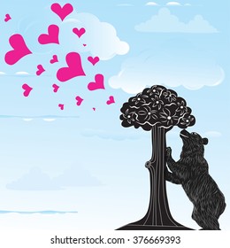 Love heart background with statue of Bear and strawberry tree and the words Madrid, Spain inside, vector illustration 