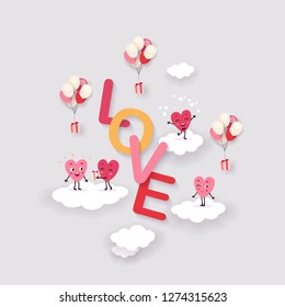 Love and Heart Background for Valentine's Day, Wedding, Engagement. Surround text with funny animated hearts on clouds, festive design, vector illustration