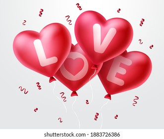 Love heart balloons for valentine's day. Bunch of red heart balloons flying with confetti elements in white background. Vector illustration.