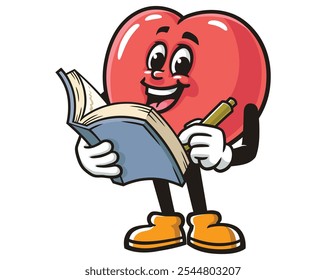 Love Heart with book, Cartoon Mascot Illustration Character Vector Clip-art Hand-drawn Logo Design