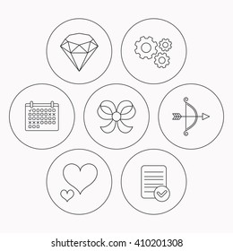 Love heart, brilliant and bow-knot icons. Bow and arrow linear signs. Check file, calendar and cogwheel icons. Vector