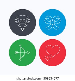 Love heart, brilliant and bow-knot icons. Bow and arrow linear signs. Linear icons on colored buttons. Flat web symbols. Vector