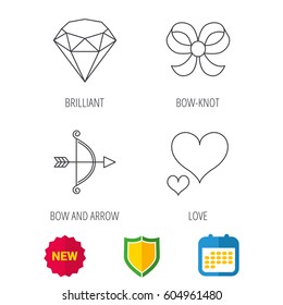 Love heart, brilliant and bow-knot icons. Bow and arrow linear signs. Shield protection, calendar and new tag web icons. Vector