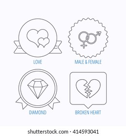 Love heart, brilliant diamond and male, female icons. Broken heart or divorce linear sign. Award medal, star label and speech bubble designs. Vector