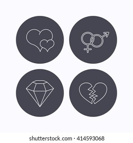 Love heart, brilliant diamond and male, female icons. Broken heart or divorce linear sign. Flat icons in circle buttons on white background. Vector