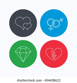 Love heart, brilliant diamond and male, female icons. Broken heart or divorce linear sign. Linear icons on colored buttons. Flat web symbols. Vector