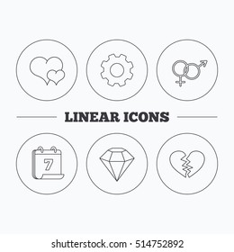 Love heart, brilliant diamond and male, female icons. Broken heart or divorce linear sign. Flat cogwheel and calendar symbols. Linear icons in circle buttons. Vector
