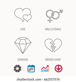 Love heart, brilliant diamond and male, female icons. Broken heart or divorce linear sign. Calendar, Graph chart and Cogwheel signs. Download colored web icon. Vector
