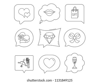 Love heart, brilliant and engagement ring icons. Bow, smile and gift box linear signs. Valentine amour arrows flat line icons. Linear Speech bubbles with icons set. Comic chat balloon. Vector