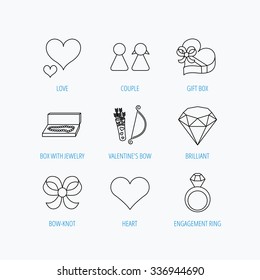 Love heart, brilliant and engagement ring icons. Bow, couple and gift box linear signs. Valentine amour arrows flat line icons. Linear set icons on white background.