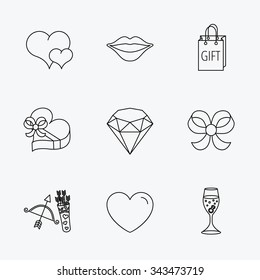 Love heart, brilliant and engagement ring icons. Bow, smile and gift box linear signs. Valentine amour arrows flat line icons. Linear black icons on white background.