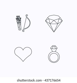 Love heart, brilliant and engagement ring icons. Valentine bow linear sign. Flat linear icons on white background. Vector