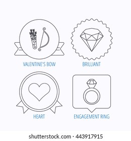 Love heart, brilliant and engagement ring icons. Valentine bow linear sign. Award medal, star label and speech bubble designs. Vector