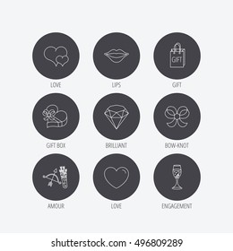 Love heart, brilliant and engagement ring icons. Bow, smile and gift box linear signs. Valentine amour arrows flat line icons. Linear icons in circle buttons. Flat web symbols. Vector