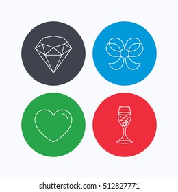 Love heart, brilliant and engagement ring icons. Bow-knot linear sign. Linear icons on colored buttons. Flat web symbols. Vector