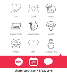 Love heart, brilliant and engagement ring icons. Bow, couple and gift box linear signs. Valentine amour arrows flat line icons. New tag, speech bubble and calendar web icons. Vector