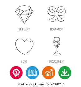 Love heart, brilliant and engagement ring icons. Bow-knot linear sign. Award medal, growth chart and opened book web icons. Download arrow. Vector