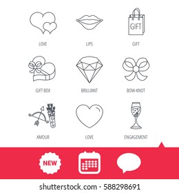 Love heart, brilliant and engagement ring icons. Bow, smile and gift box linear signs. Valentine amour arrows flat line icons. New tag, speech bubble and calendar web icons. Vector