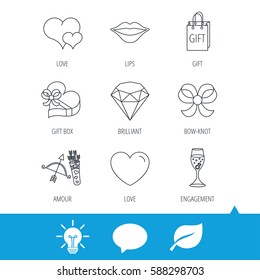 Love heart, brilliant and engagement ring icons. Bow, smile and gift box linear signs. Valentine amour arrows flat line icons. Light bulb, speech bubble and leaf web icons. Vector