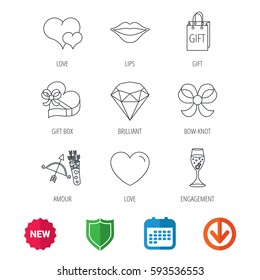 Love heart, brilliant and engagement ring icons. Bow, smile and gift box linear signs. Valentine amour arrows flat line icons. New tag, shield and calendar web icons. Download arrow. Vector
