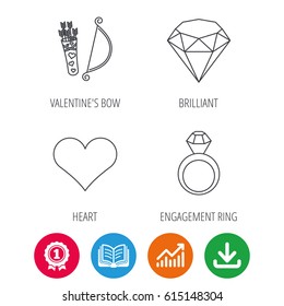 Love heart, brilliant and engagement ring icons. Valentine bow linear sign. Award medal, growth chart and opened book web icons. Download arrow. Vector