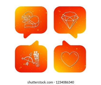 Love heart, brilliant and gift box icons. Amour bow with arrows linear signs. Orange Speech bubbles with icons set. Soft color gradient chat symbols. Vector