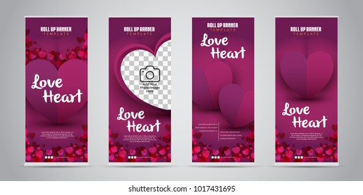 Love Heart Business Roll Up Banner with 4 Variant Designs. Vector Illustration.