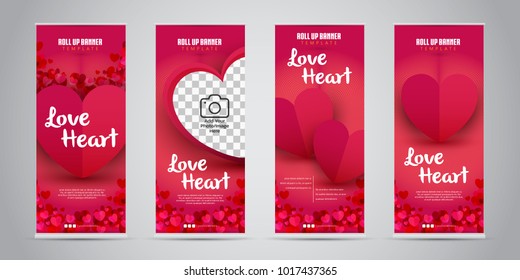 Love Heart Business Roll Up Banner with 4 Variant Designs. Vector Illustration.