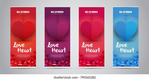 Love Heart Business Roll Up Banner with 4 Variant Colors (Red, Purple, Pink/Magenta, Blue). Vector Illustration.