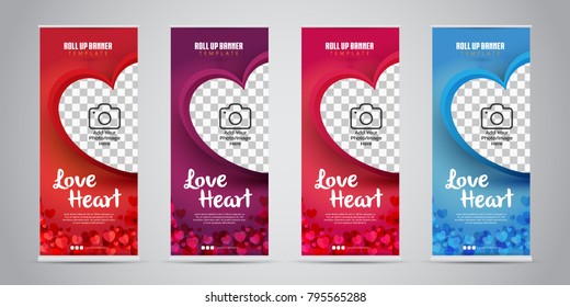 Love Heart Business Roll Up Banner with 4 Variant Colors (Red, Purple, Pink/Magenta, Blue). Vector Illustration.